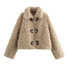 Women's Dark Khaki Polo Collar Fleece Jacket - Long Sleeve Outerwear