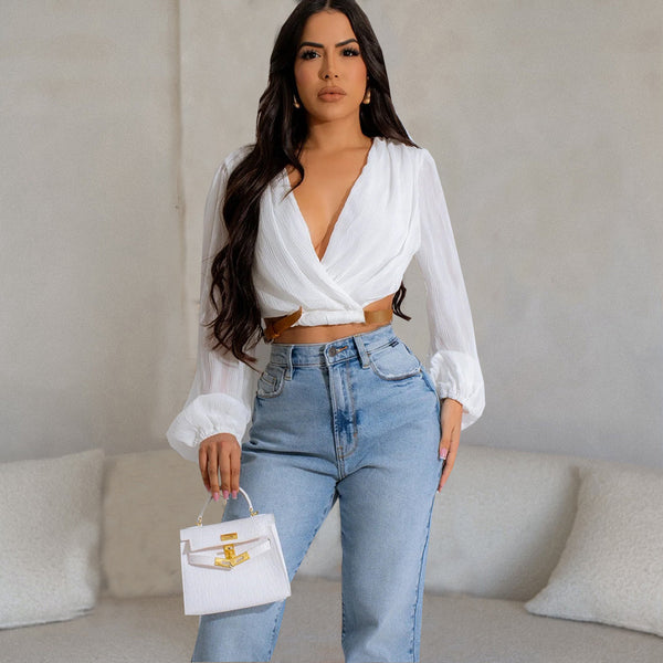 Street-Chic Lantern Sleeve Top in White or Black - Loose Waistband & Stripes Detail - Lightweight Woven Polyester - Lantern Sleeves - Short Length at Waist