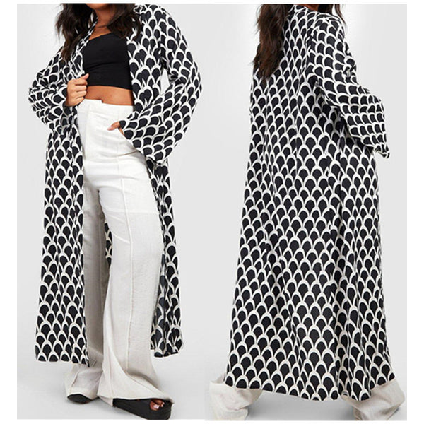Stylish Geometric-Pattern Long Coat Pajamas/Cardigan in Choice of Patterns - Cotton Blend Luxury Garment for All Seasons