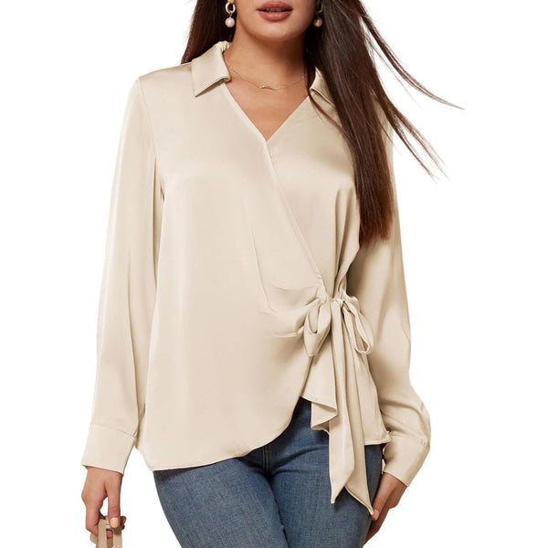 Elegant Lace-up Long Sleeve Shirt for Waist Trimming in Pink - Women's Fashion - Milk Silk Fabric - Commute and Workwear Top