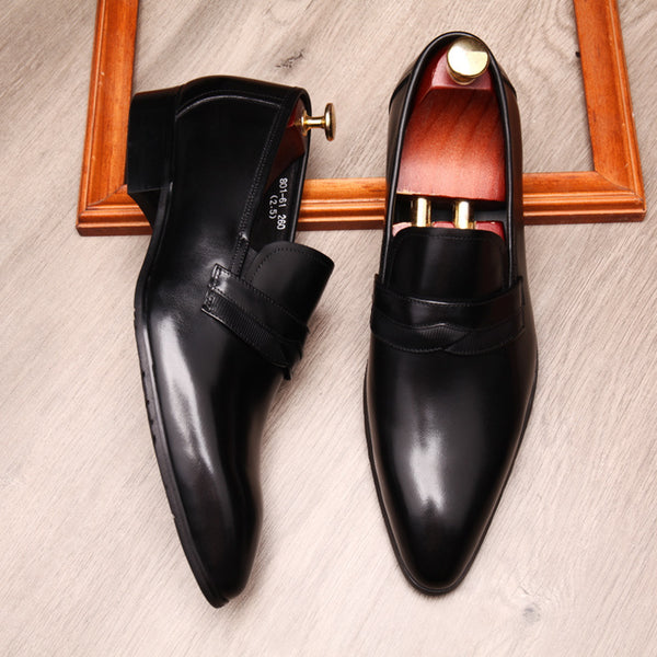 Men's Pointed Toe Leather Loafers, European Style, Black Wine Red Brown, Sizes 36-45