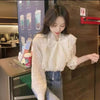 Chic Lace Top with Elegant Bow Detail in Apricot Hue -- Women's Fashion, Sophisticated Style -- Polyester, Long Sleeve Shirt.