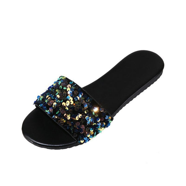 Glamorous Sequined Flat Slippers for Women, Casual and Comfortable Beach Footwear