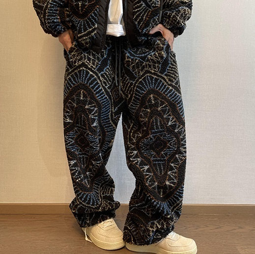 Men's Seaside Casual Loose Beach Pants with Flower Print - Black. Warm fleece-lined polyester for stylish comfort.