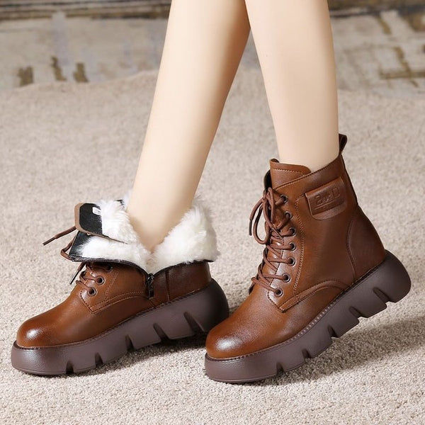 Winter Women's Plush Fur Lined Wedge Snow Boots in Black and Brown