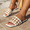 Stylish Plaid Beach Sandals in Green, Apricot, and Black with PU Leather Lining - Women's Casual Footwear