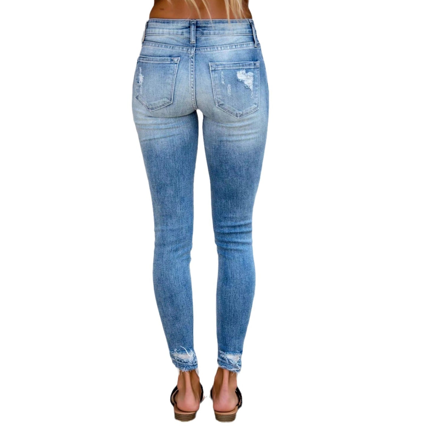 Stretch Jeans Women's Long Ripped Mid-waist Skinny