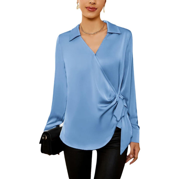 Elegant Lace-up Long Sleeve Shirt in Milk Silk for a Stylish Look