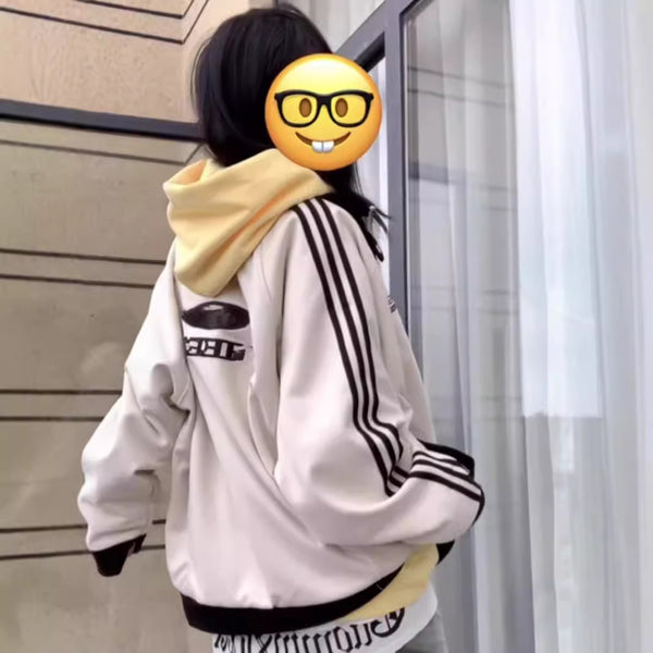 Trendy College-Style Loose-Fit Baseball Jacket for Design-Savvy Women - Long-Sleeve Polyester Outerwear