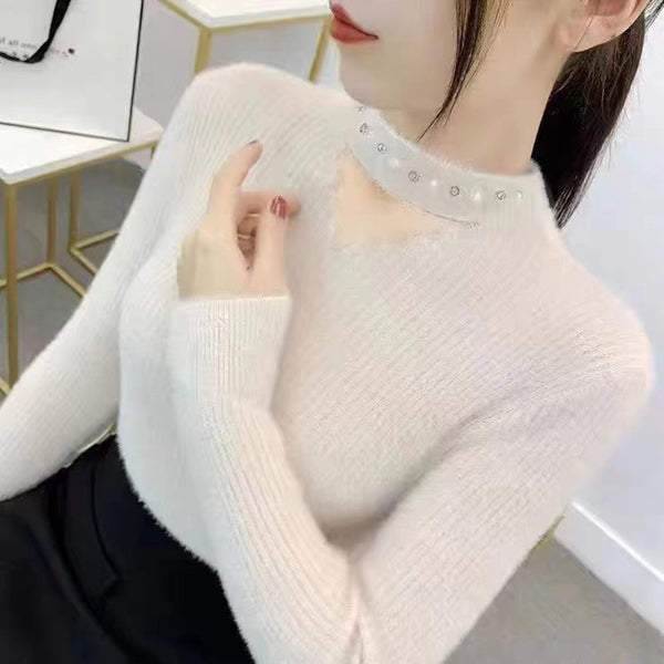 Stylish Lace Collar Rhinestone Pullover Sweater in 5 Colors: Elegant & Comfortable Nylon Sweater with Sparkling Rhinestones | Women's Fashion
