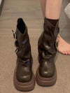 Chic Buckle-Strap Platform Boots in Black & Brown - Women's Fashion Statement with Genuine Leather & Mid-Heel Style