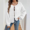 Women's Lace-up Cardigan in Light Gray, Casual Loose Fit Acrylic Sweater. Perfect for Layering or as a Standalone Piece.