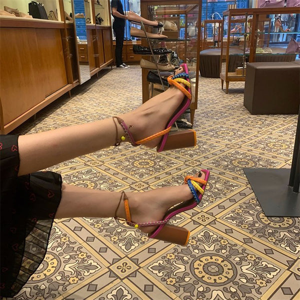 Elegant Roman Inspired Open Toe High Heel Sandals in Beige and Red