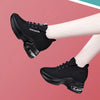 Women's Air Cushion Sports Shoes with Height Increasing Insole in Black and White - High Wedge Heels and Fly Woven Upper