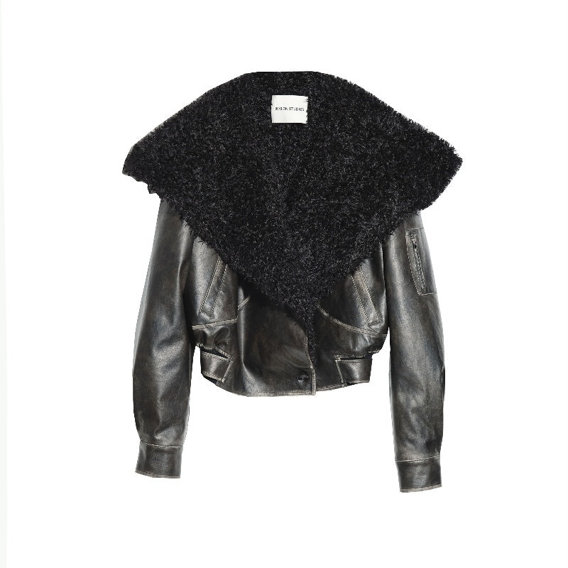 Cool Handsome Relaxed Sense Gender-free Package Big Fur Collar Colored Leather Jacket Jacket