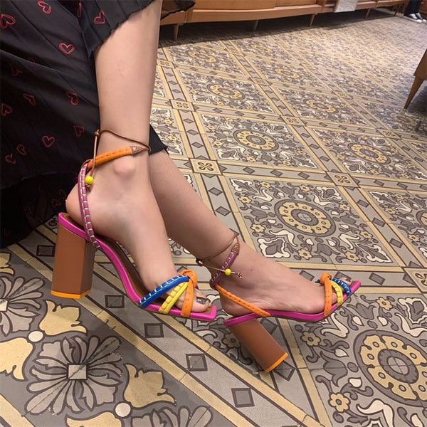Elegant Roman Inspired High Heel Sandals in Red Beige - Open Toe Hollow-out Strap Design - Women's Fashion Shoes