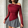 One-Shoulder Black Pleated Top Women's Fashion Stylish Micro-Transparent Polyester Top