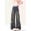 Vintage Butterfly Patch Denim Pants, Retro Blue Straight-Cut Jeans