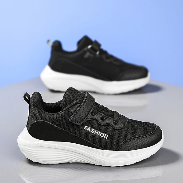Kids' Breathable Black Mesh Athletic Shoes - Youth Sports Footwear - Velcro Closure - Lightweight, Wear-resistant, Sizes 28-40