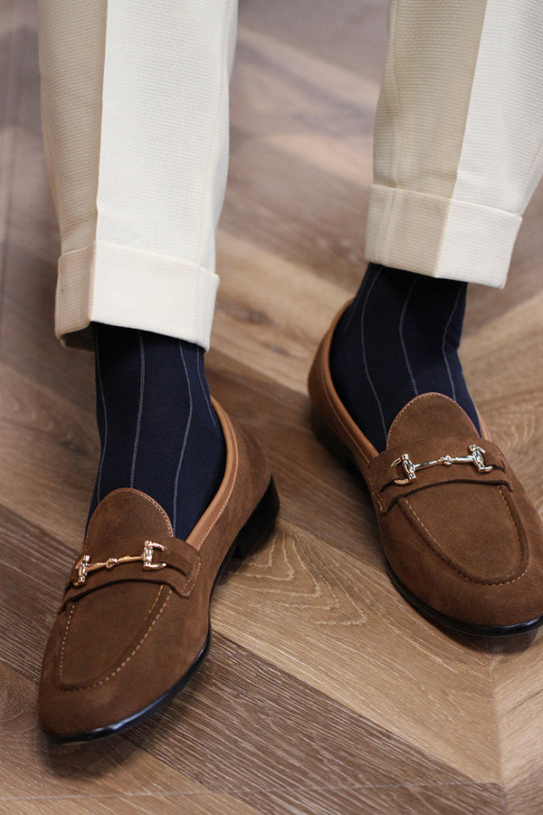British Style Men's Slip-On Shoes, Light Brown & Dark Blue, Round Toe, Rubber Sole, Breathable & Comfortable - Sizes 37-44
