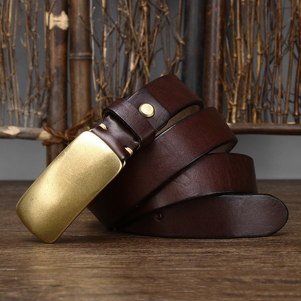 Wide Leather Belt for Men with Copper Buckle, 3.3CM Black/Brown/Khaki, 4.5mm Thick. Top Layer Cowhide, Smooth Buckle. Stylish & Durable.
