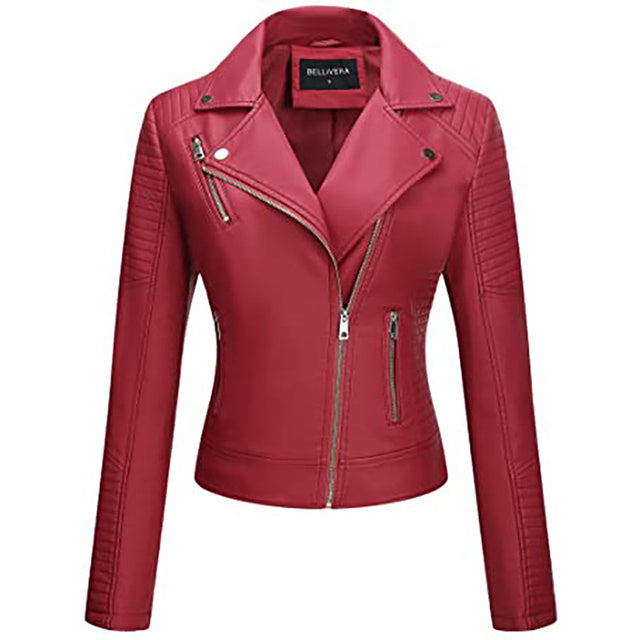 Giolshon Autumn Flowers Embroidery PU Leather Jacket Women