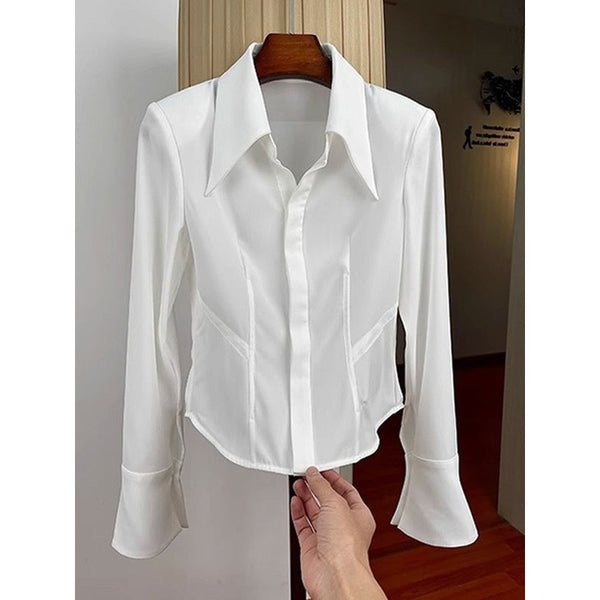 French Waist Slim Fit Blouse in Black or White, Professional Office Attire, High-Quality Polyester Fabric, Long Sleeved Urban Style Top