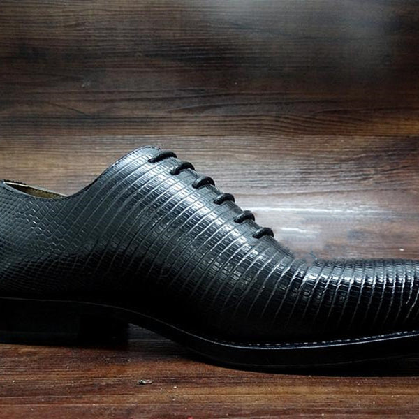 Handcrafted Men's Lizard Leather Derby Shoes in Black - Lace-up, Pointed Toe, Sizes 37-44 - Business & Formal Style