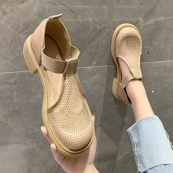 Elegant Women's Black Mesh Mary Jane Sandals - Short Heel Comfortable Korean Style Footwear