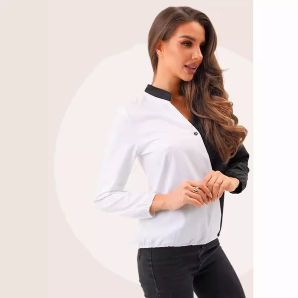 Chic Women's Business Casual Shirt in Crisp White, Contrast Color Design - Sizes S-XXL - Polyester Fashion for Work & Casual Days