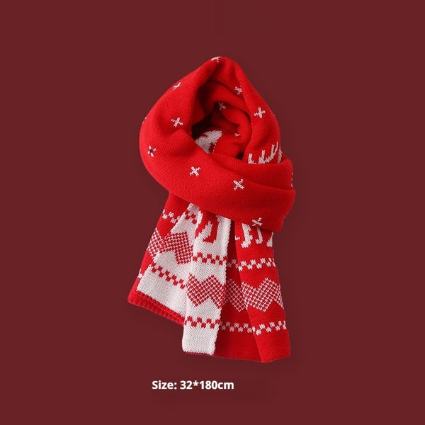 Warm & Cozy Winter Plaid Wool Scarf - Red Snowflake & Elk Design - Ideal New Year Gift