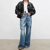 Vintage Sheepskin Black Short Jacket for Women - Retro Style Casual Outwear Coat with Long Sleeves - Available in S, M, L, XL