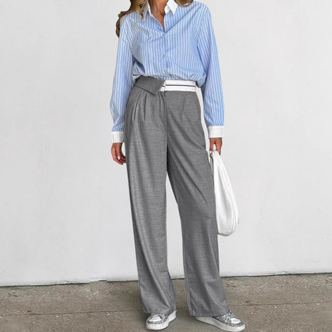 Gray Loose Straight Patchwork High Waist Trousers