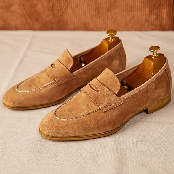 Men's Rich Brown Suede Slip-On Shoes with Square Toe and Thick Bottom Heels