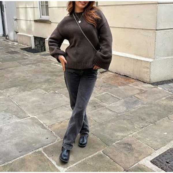 Cozy Autumn/Winter Solid Pullover in true-to-life colors, medium thickness Polyester, loose casual style.