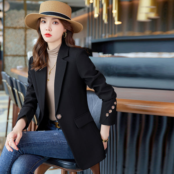 Chic Spring/Autumn Slim-Fit Women's Suit Jacket in Solid Black - Professional and Casual Wear with Handy Pockets - Sizes S-XXXXL