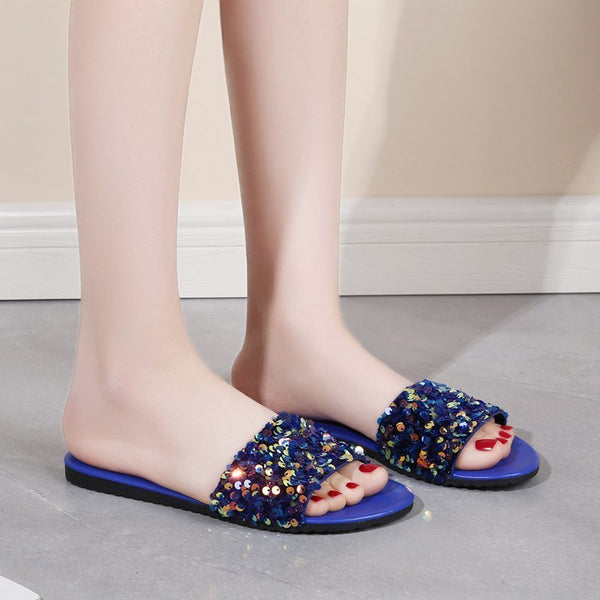 Sequined Flat Slippers for Women - Glamorous Plus Size Footwear