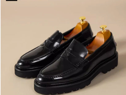 Genuine Leather Black Slip-on Business Casual Shoes with Square Toe and Thick Sole - Men's Sizes 38-45