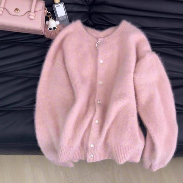 Women's Plush Velvet Cardigan in Cherry Tint - Cozy and stylish pink sweater for women with velvet-like feel.