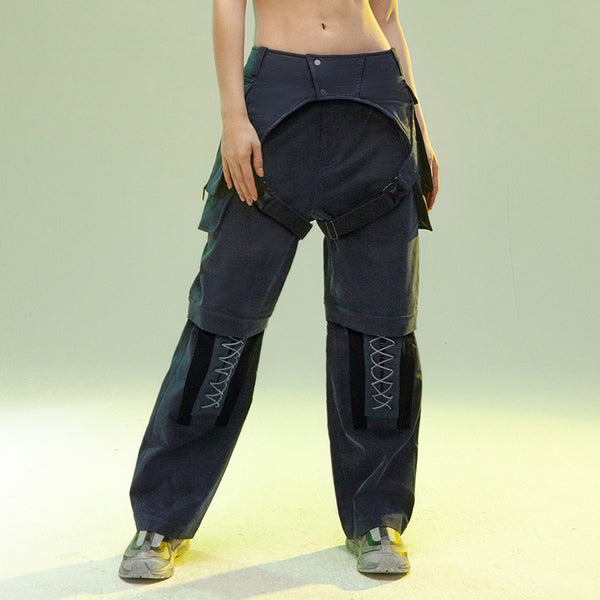Detachable Leg Straight Profile Nylon Casual Pants - Dark Night Blue