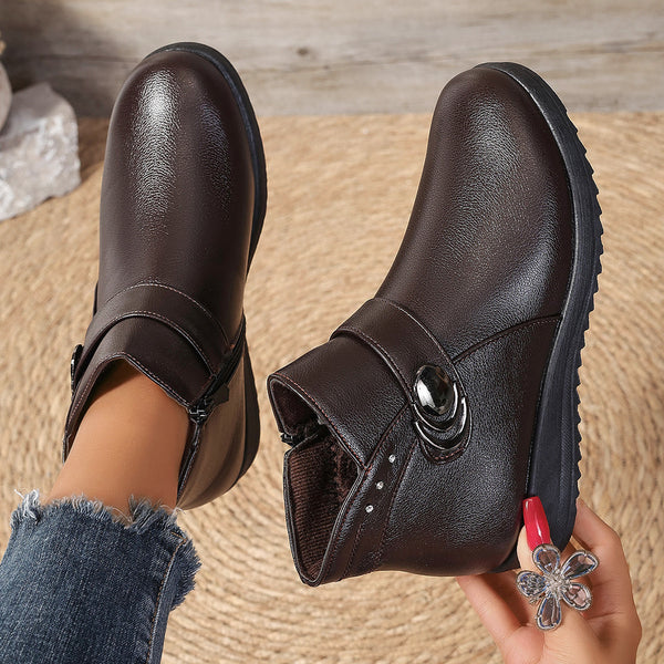 Winter Leather Boots for Women, Fleece-Lined, Non-slip, Warm - Black, Wine Red, Dark Brown - Mid-heel - Size 36-41
