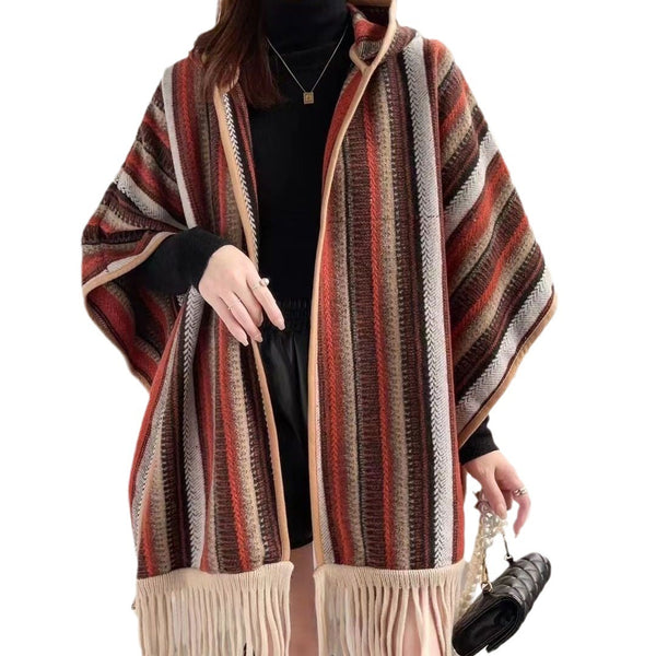 Ethnic Hooded Shawl Cape: Striped Woolen Wrap with Tassels - Cozy & Stylish Winter Accessory.