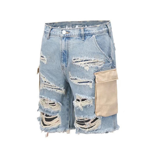 Knife Cut Big Hole Raw Fringed Tassel Wash Whisker Shorts