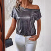 Chic Off-Shoulder Sequin T-Shirt Silver Grey - Women's Party Top with Shimmering Sequins, Elegant Slim Fit - S, M, L, XL
