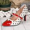 Chic polka dot Mary Jane kitten heels with heart ankle strap, perfect for vintage style and all-season comfort.