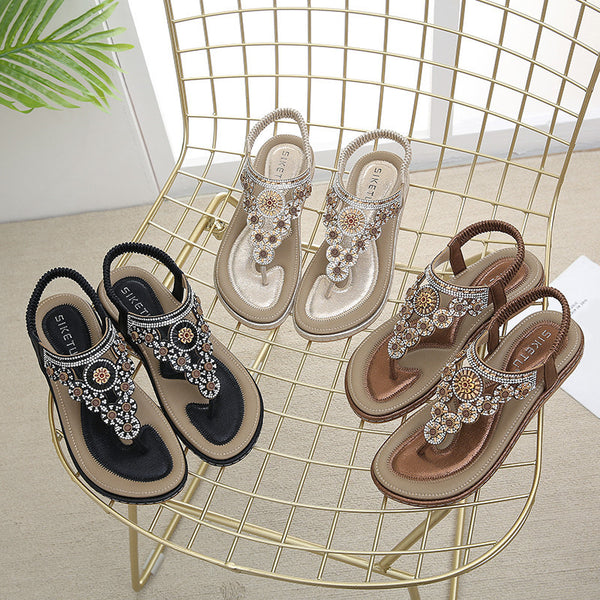 Elegant Microfiber Beach Sandals for Women - Rhinestone Embellished Summer Footwear