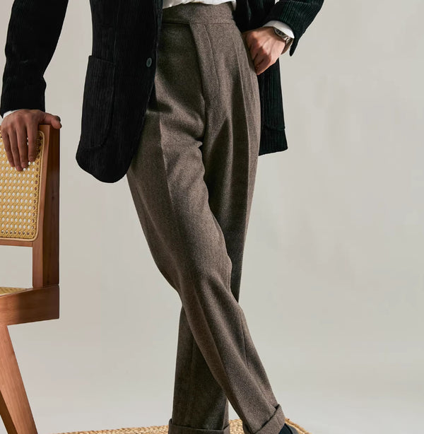 Classic Double-Pleated Business Casual Trousers in Brown Gray Khaki Wool - Men's Fashion Office Wear with Polyester Blend - Sizes 29-36