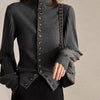 Chic Patchwork Knitted Cardigan in Gray and Black with Stand-up Collar, Retro Elegance Style, Women's Fashion