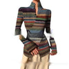 Chic Striped Pullover Top with Stand Collar & Cross Hem, Slim Fit Style, Long Sleeve - Bright Colors, Button Detail - Sizes S-XXXL