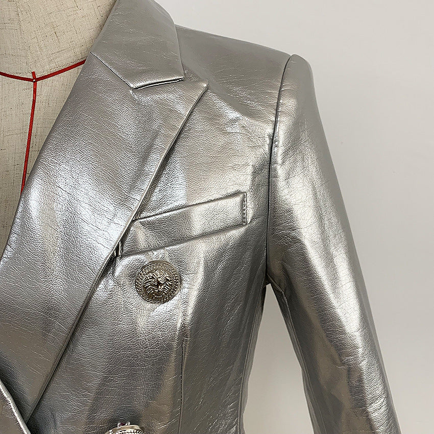 Double-breasted Shiny Silver Synthetic Leather Slim Suit Jacket